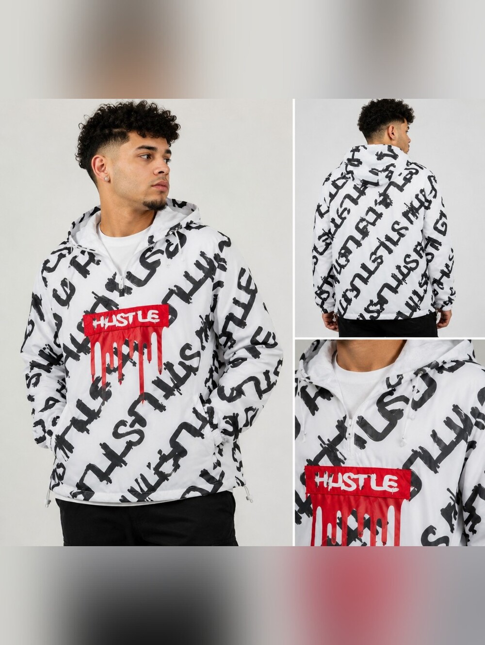 Prime Threads Hustle Graphic Windbreaker Jacket White Black Red Mens Medium